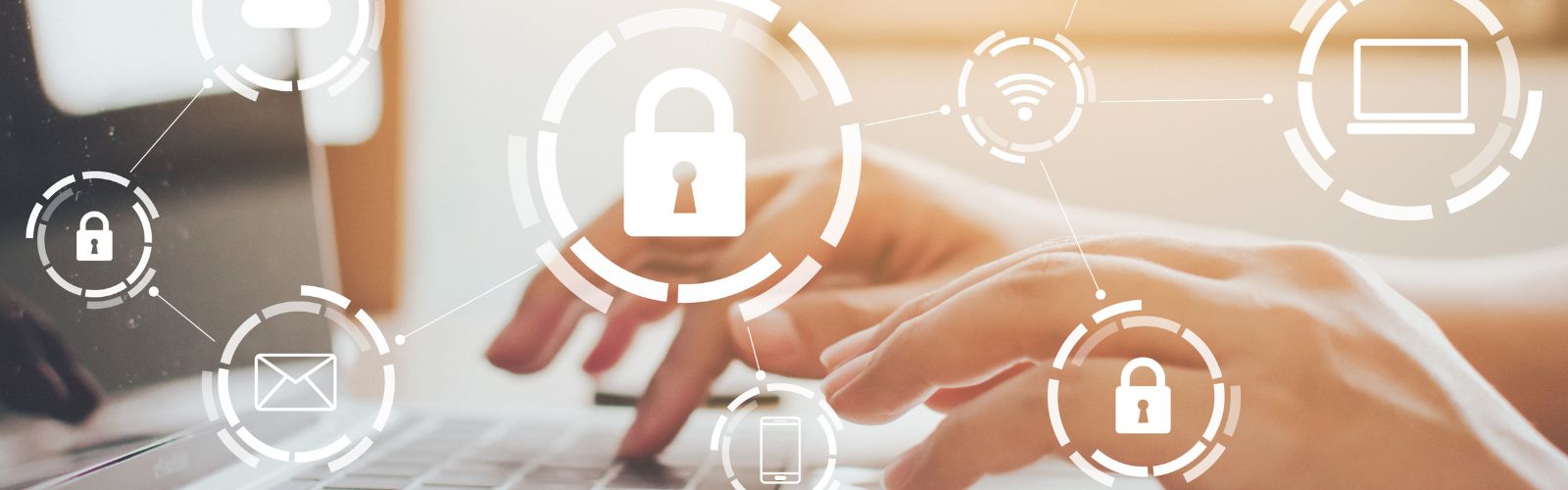 fingerstips on a laptop keyboard with white padlocks interconnected with white lines